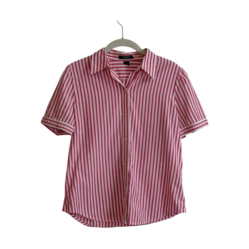 Chaps Button Down Shirt Women S Pink Striped Short Sleeve 100% Cotton